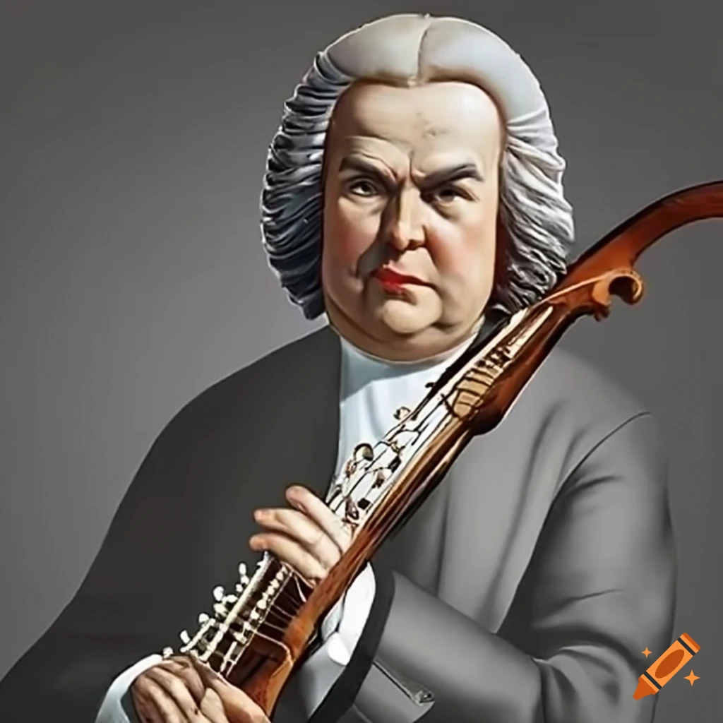 J.s.bach playing various instruments with skill and passion on Craiyon