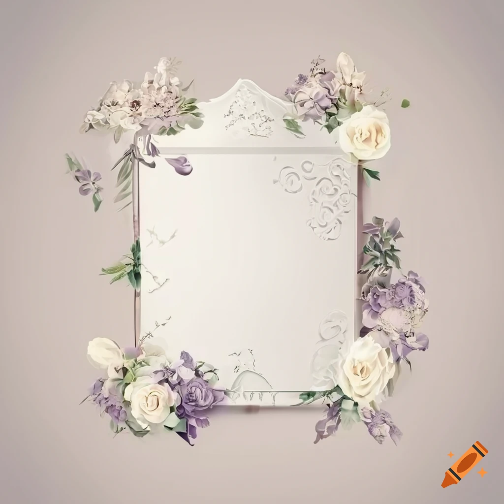 Wedding invitation card with silver and white colors, gothic patterns, and floral accents