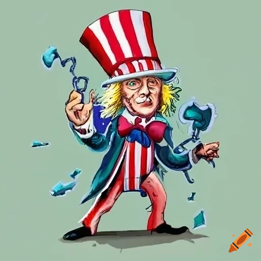 Cartoon of uncle sam victorious with broken chain, symbolizing end of