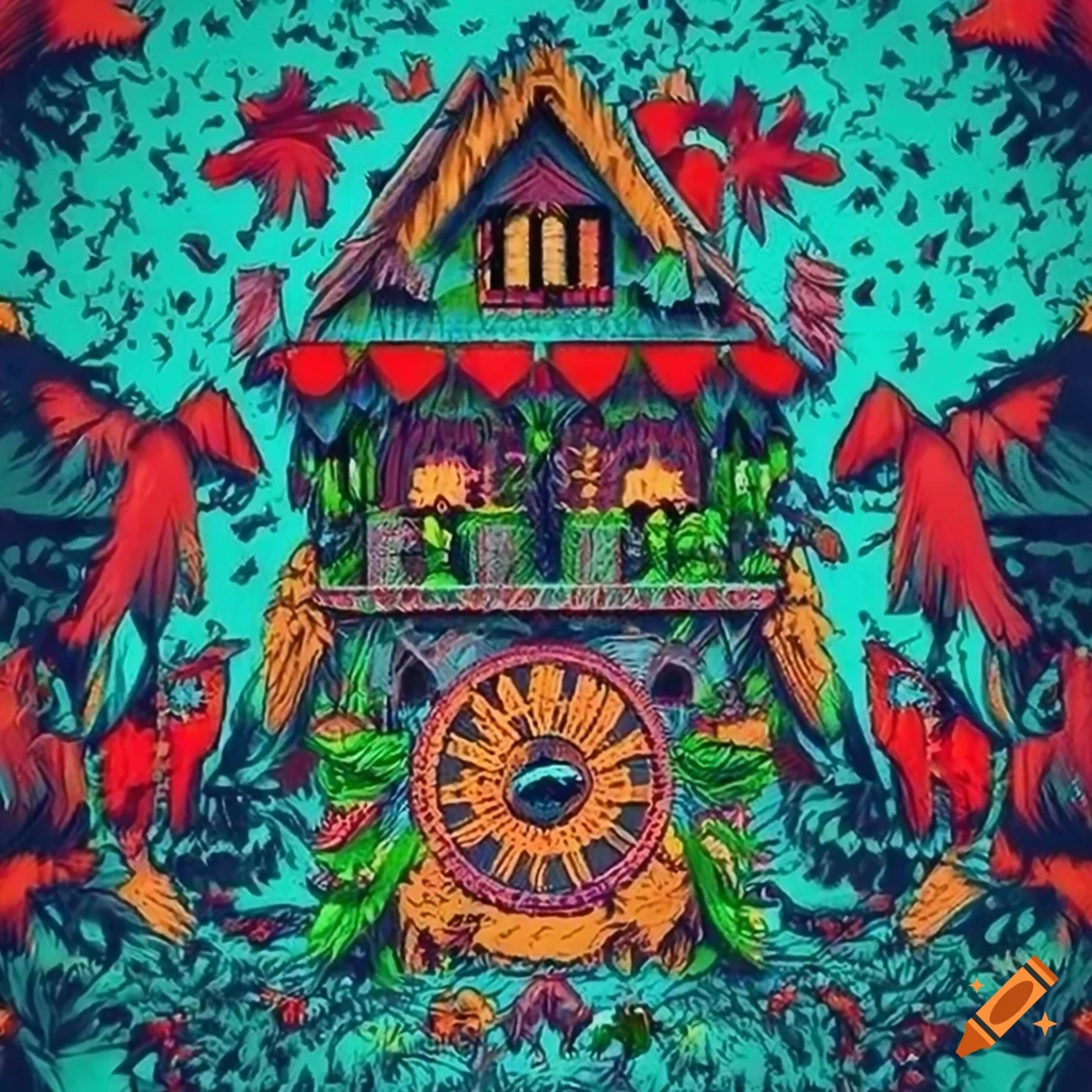 Vivacious Alpine Poster 'cuckoo clock' style graphic novel with stave carving depicting good versus evil