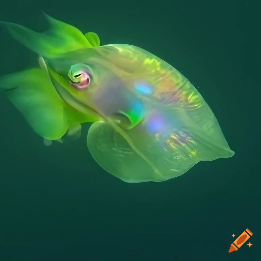 Translucent and iridescent deepsea creature with bobtail squid skin texture in underwater background