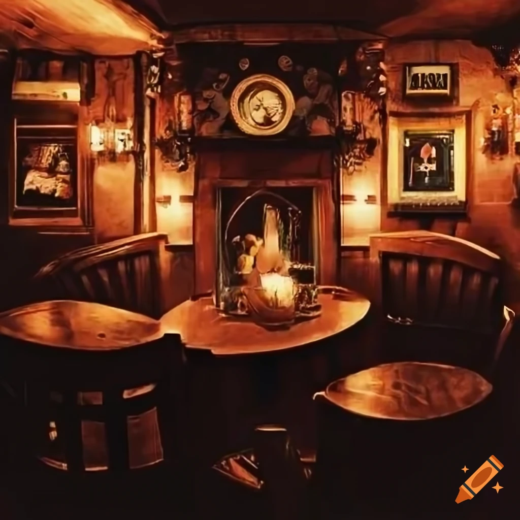 Interior of a traditional British pub with pork scratchings and chips