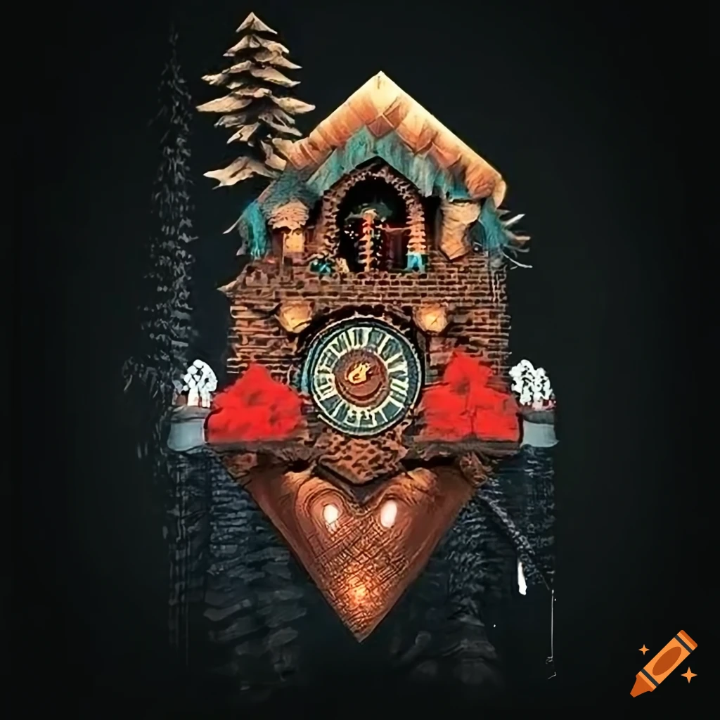 Vivacious Alpine Poster in 'cuckoo clock' style with graphic novel and stave carving of good and evil
