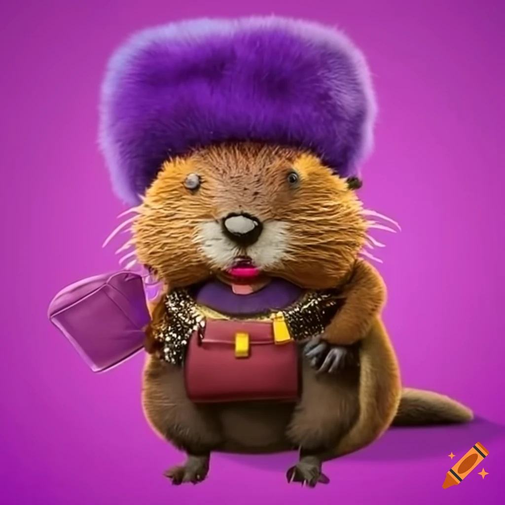 Beaver with backpack and purple fur hat