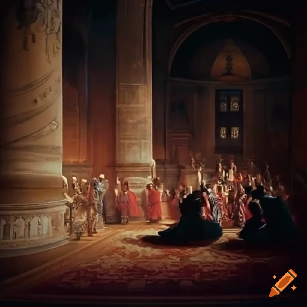 Ruler in a palace looking over a crowd of people bowing