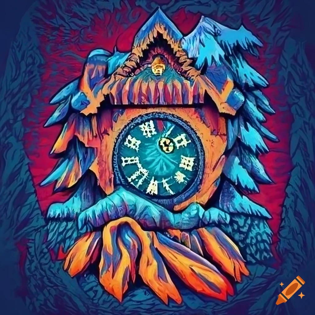 Vivacious Alpine Poster in 'cuckoo clock' style with graphic novel and wood carving elements