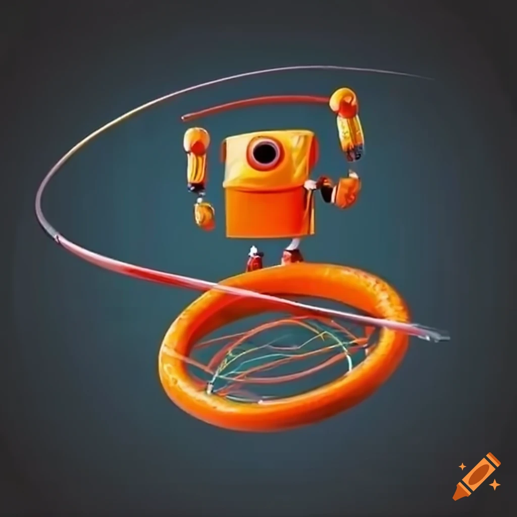Two robots playing with an orange hula hoop