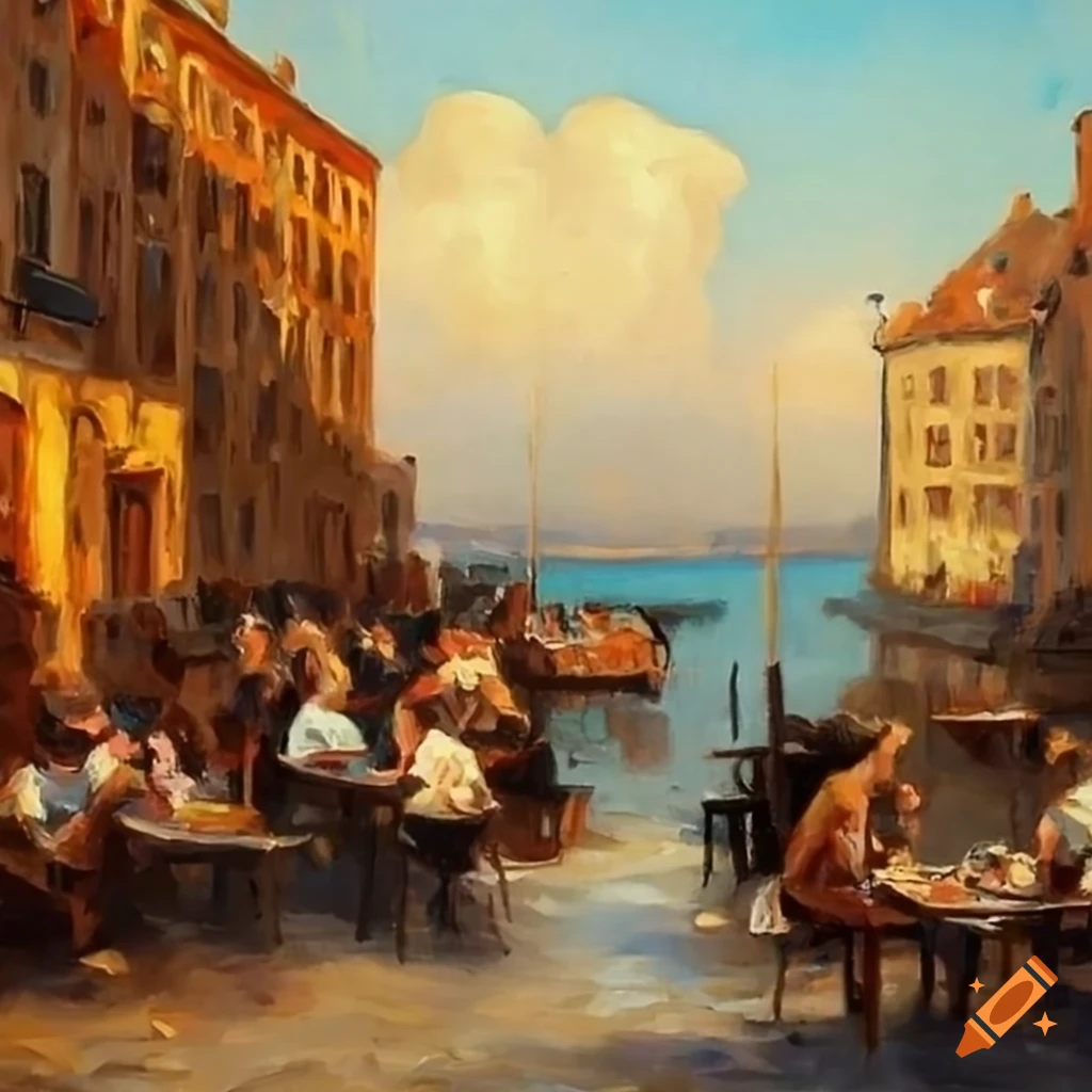 People dining outside a small european cafe by the water in high