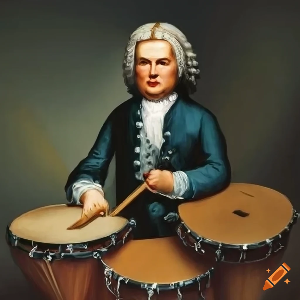 Portrait of J.S. Bach playing the drum and various instruments
