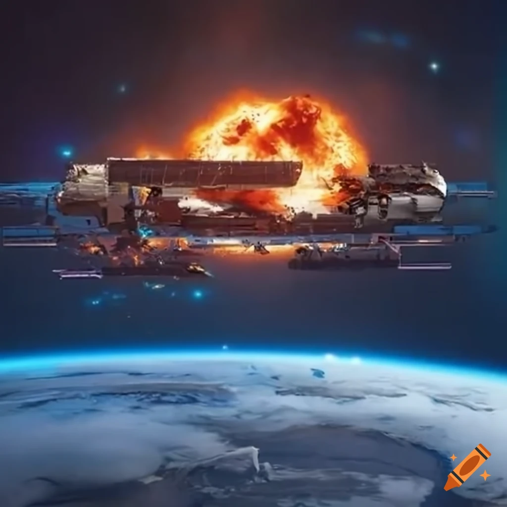 Futuristic space station exploding in orbit around Earth