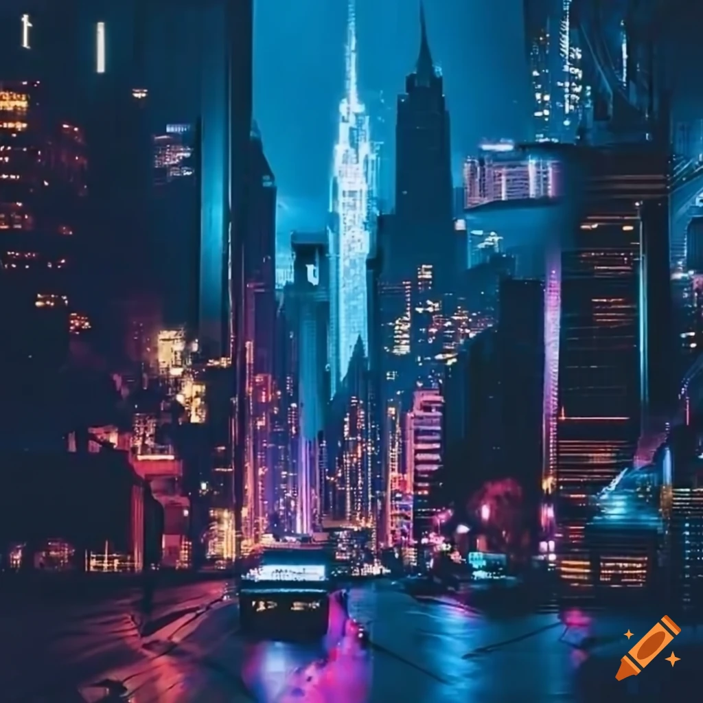 Bustling cityscape at night with illuminated skyscrapers on Craiyon