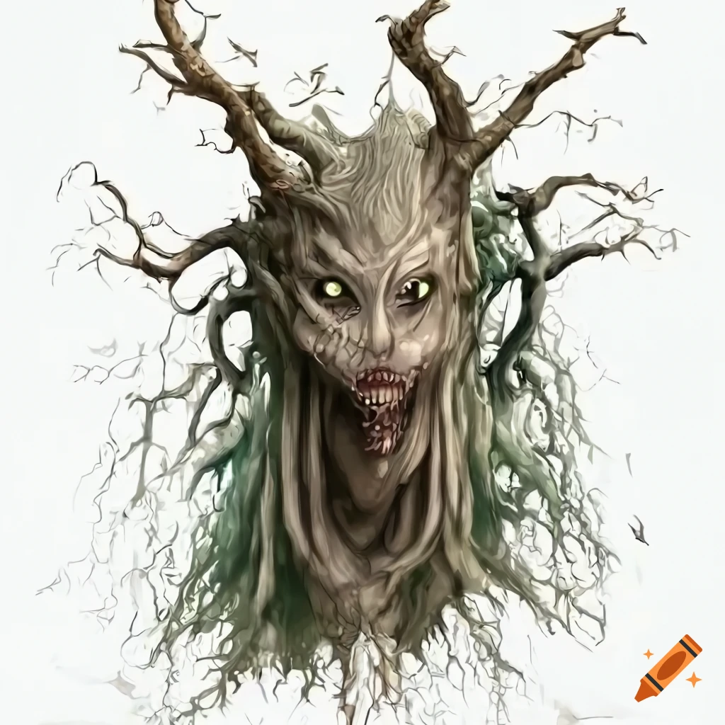 Tree-spirit fantasy monster on a white background in 8k resolution