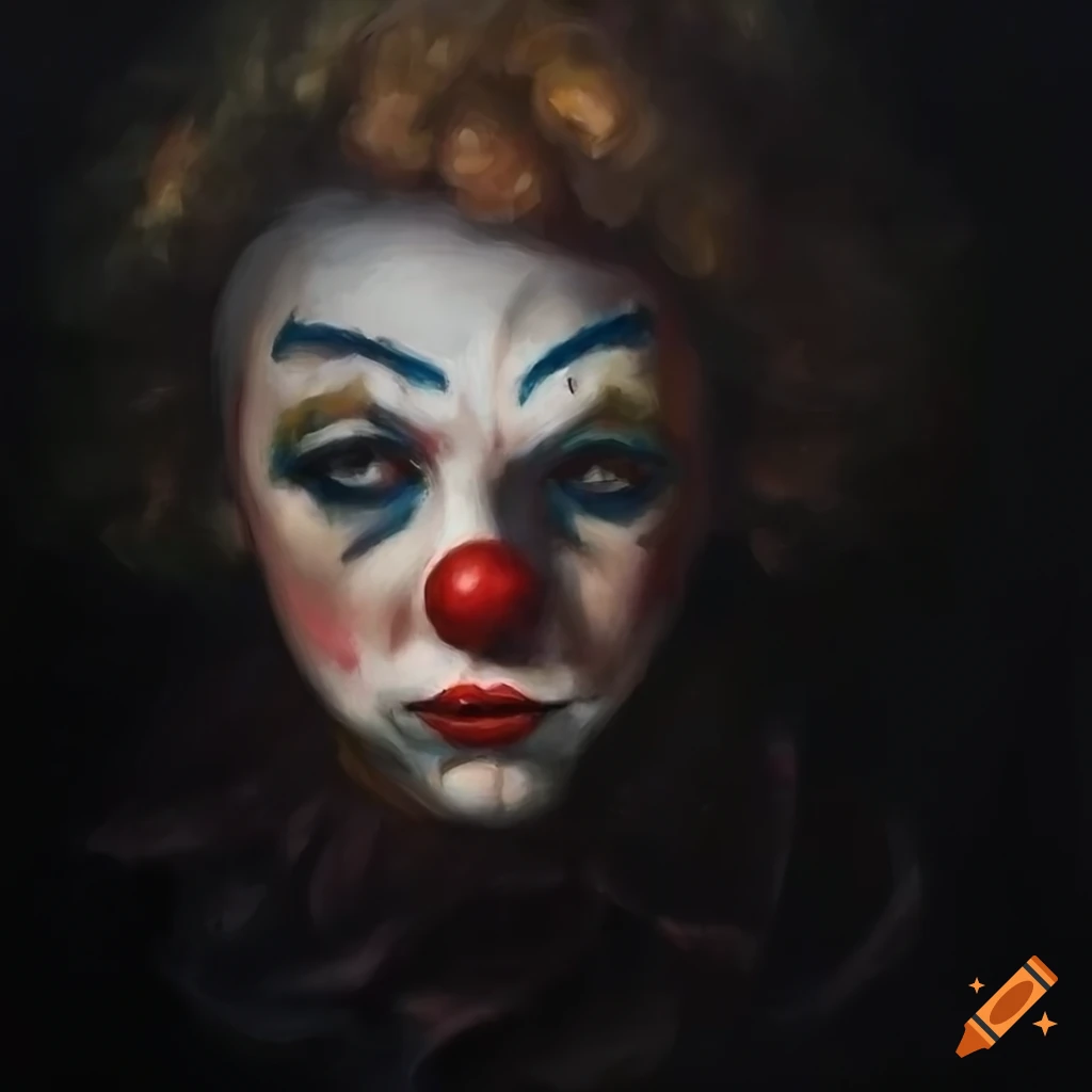 Moody oil painting of a sad clown on black background on Craiyon