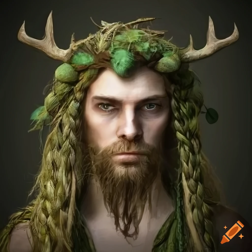 Mysterious druid man with antlers and leaf cloak in high fantasy style