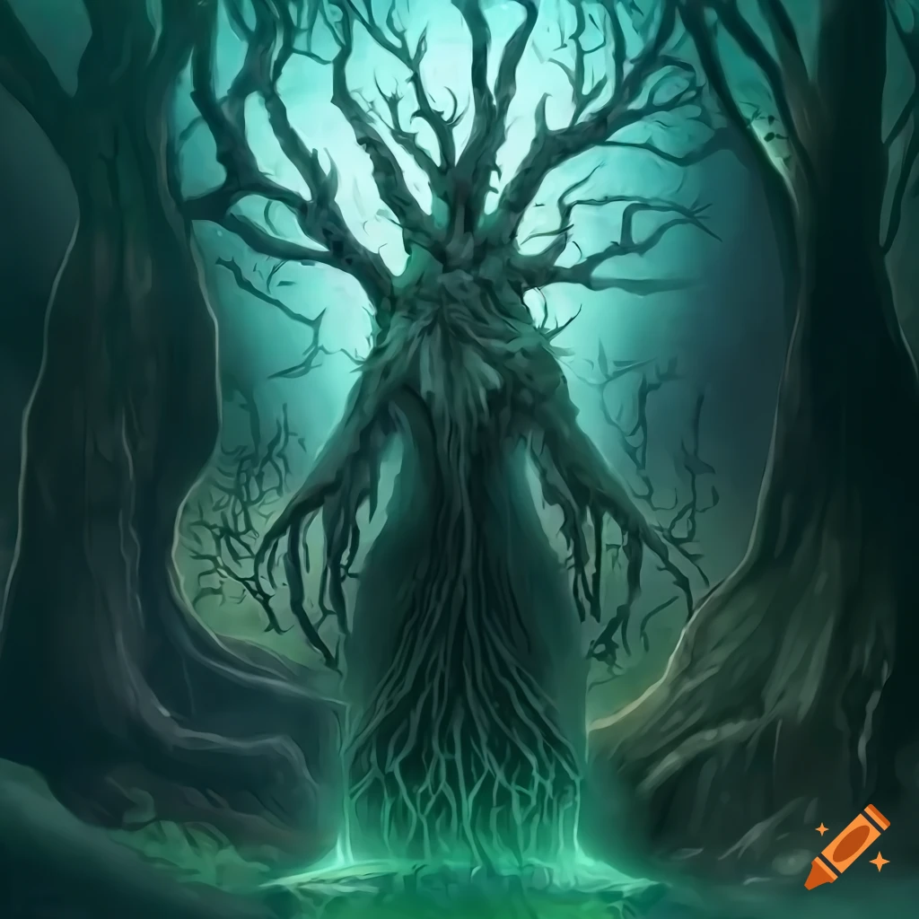 Tree spirit monster fantasy design with sharp contrasts and white edges on Craiyon