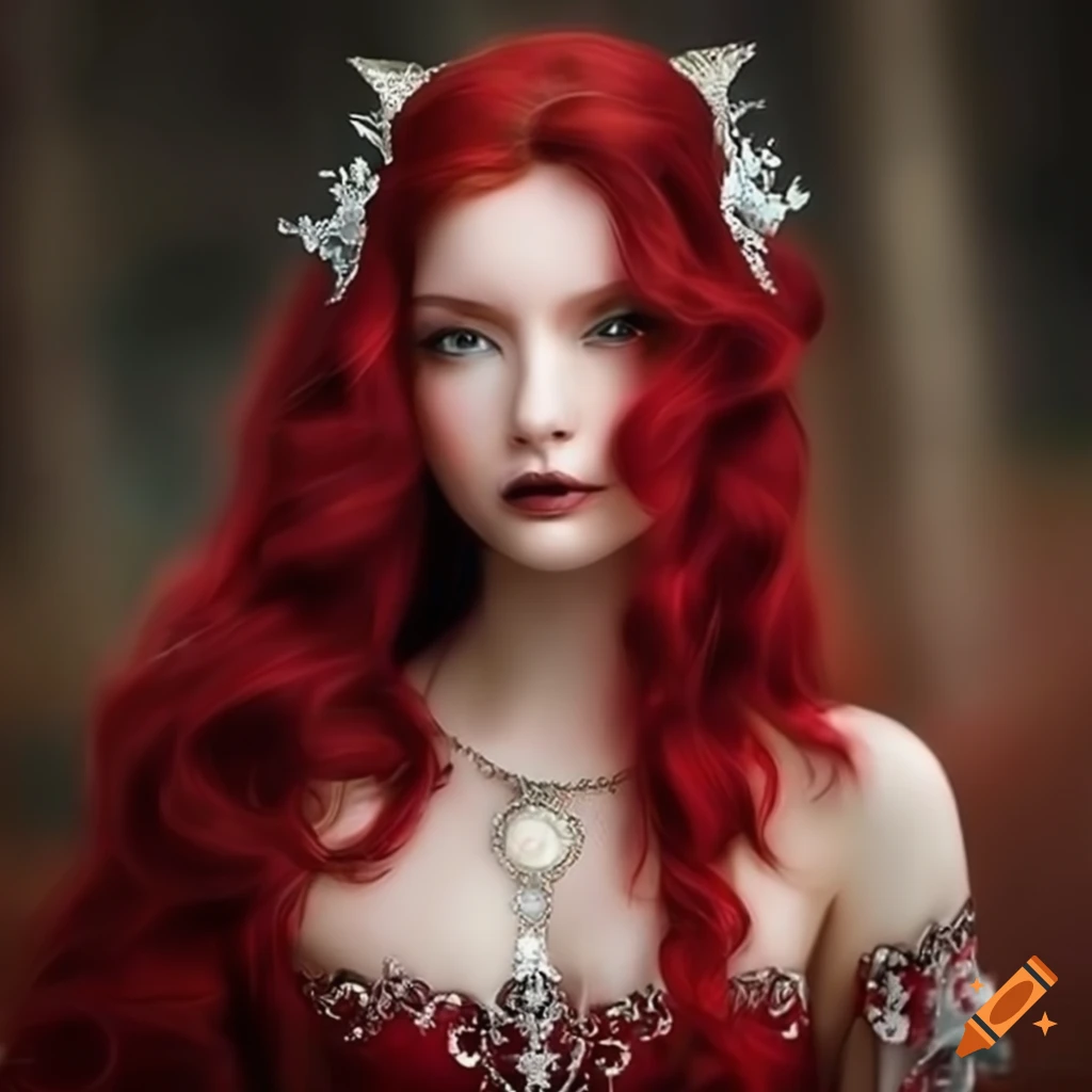 Beautiful elven princess with dark red hair in a fantasy world on Craiyon
