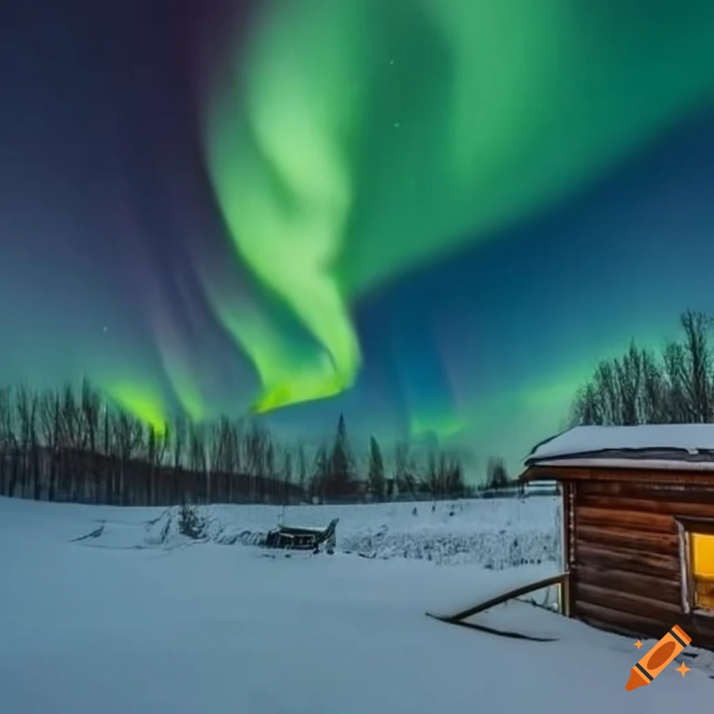 Boreal aurora with small cabin in front