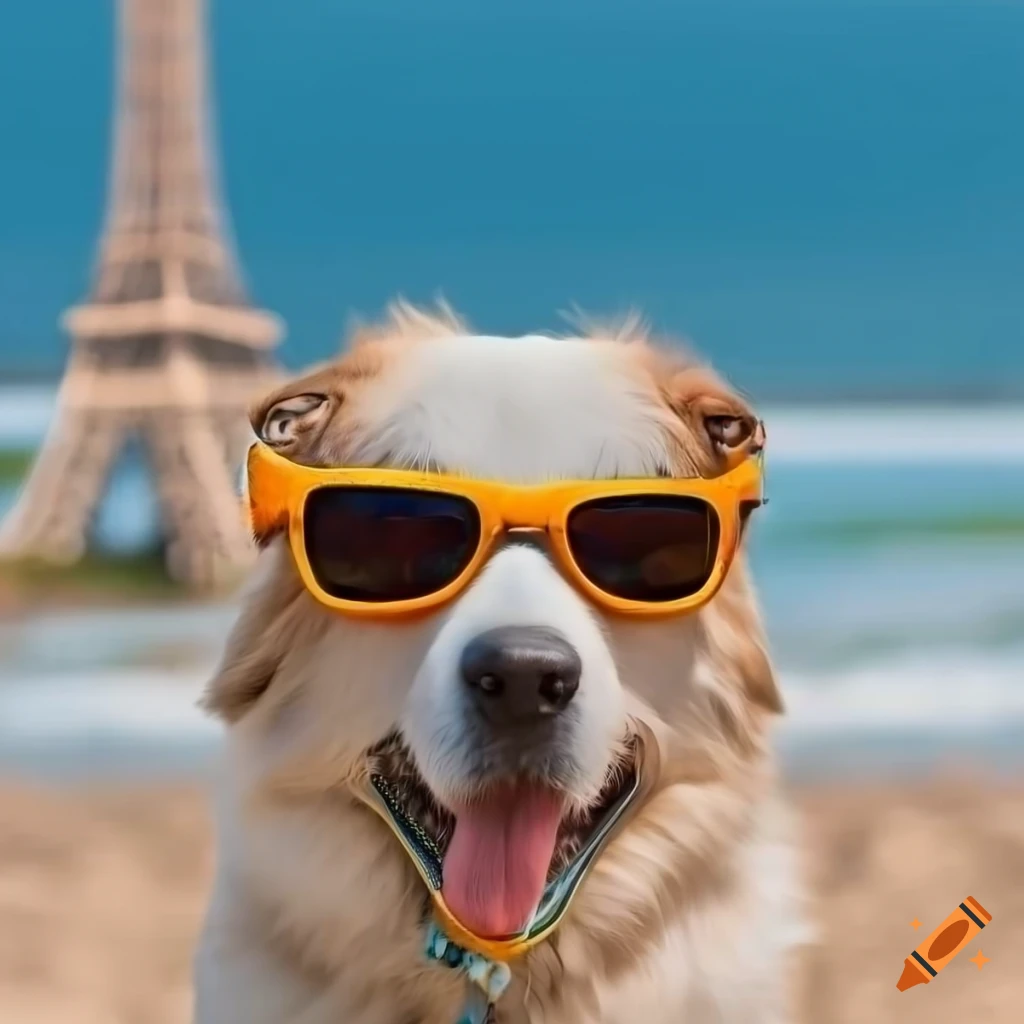 Great pyrenees dog with sunglasses on the beach with the eiffel tower