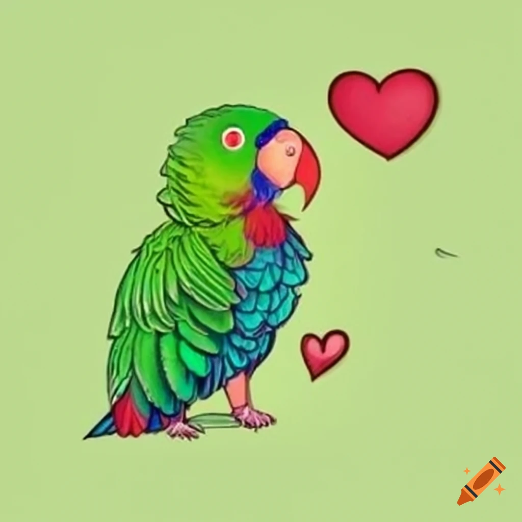 Green Indian Ring-neck parrots on a valentines card