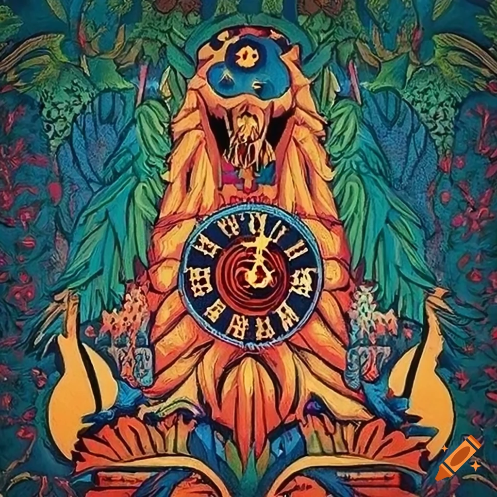 Vibrant alpine poster in 'cuckoo clock' style with graphic novel and wood carving elements