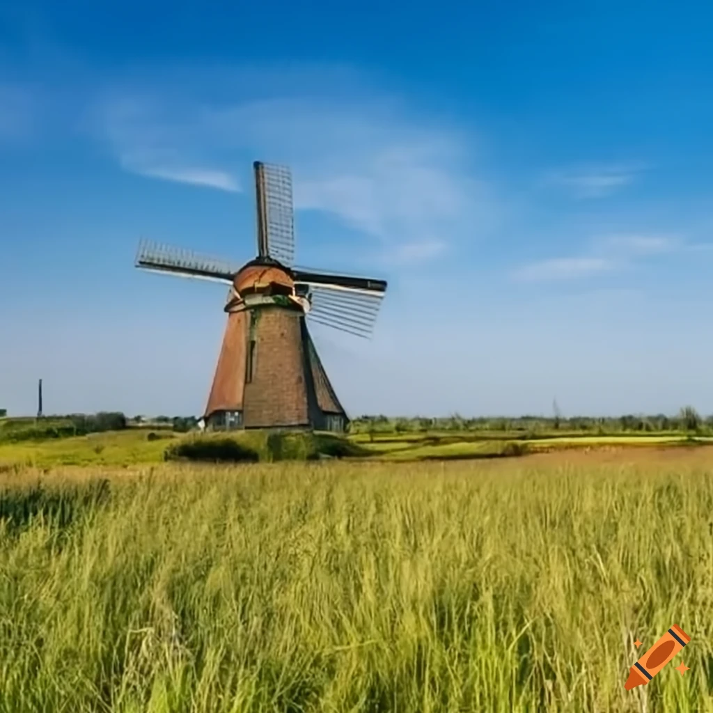 Netherlands landscape with blue sky and windmill