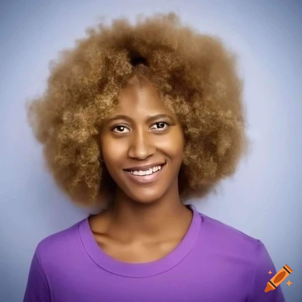 Tolai woman with blond afro hair wearing a purple T Shirt