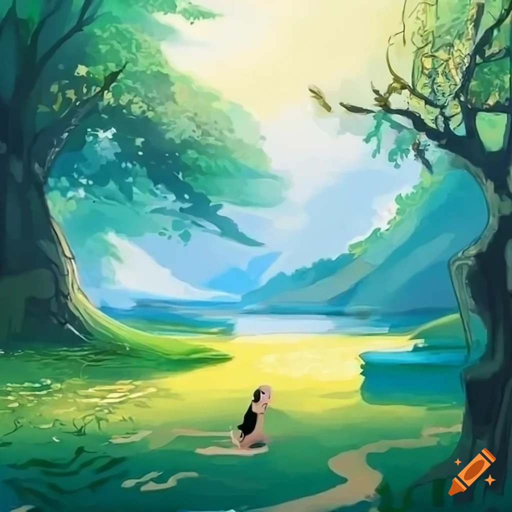 Village near flowing river with a girl sitting under a tree in sunlight