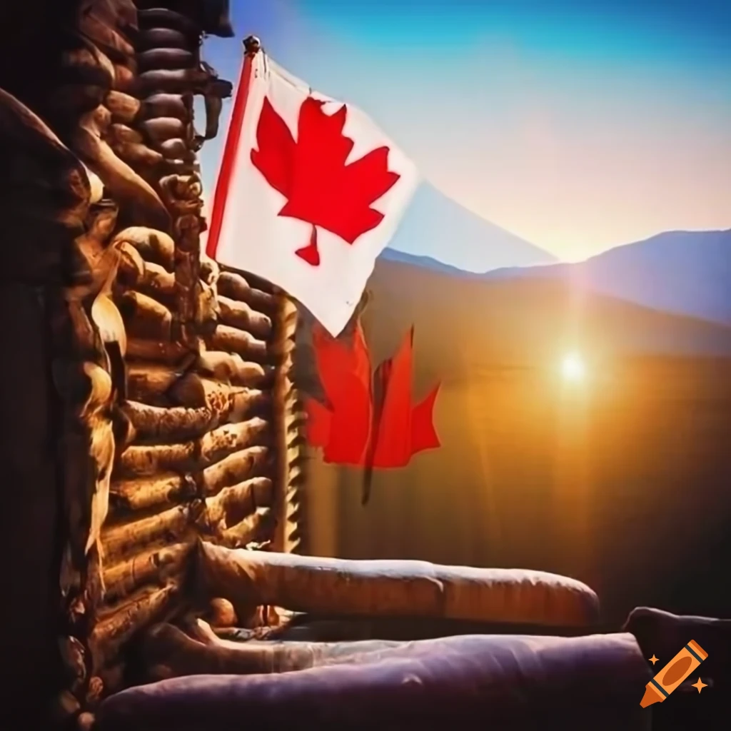 Beautiful log cabin near a lake and mountains with a Canadian flag