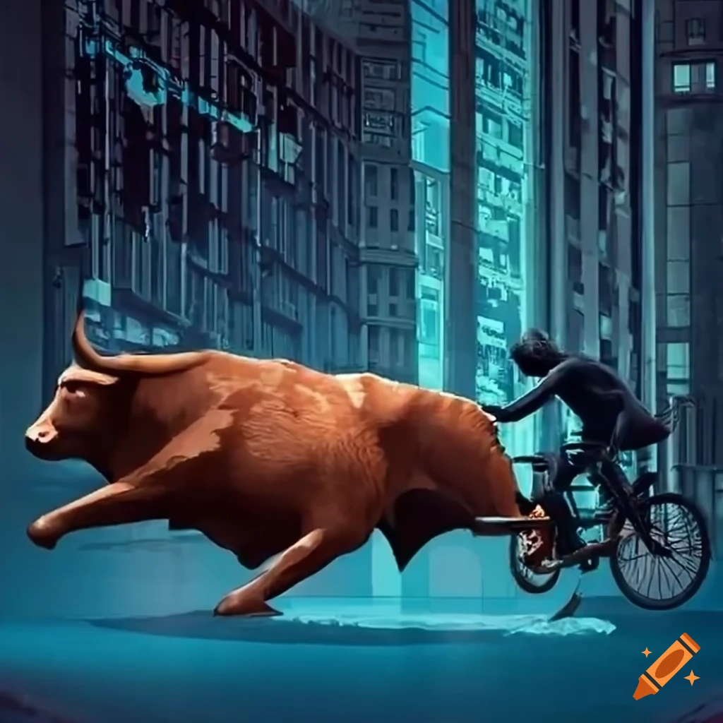 Bull and bear riding a bike in a stock market scenario