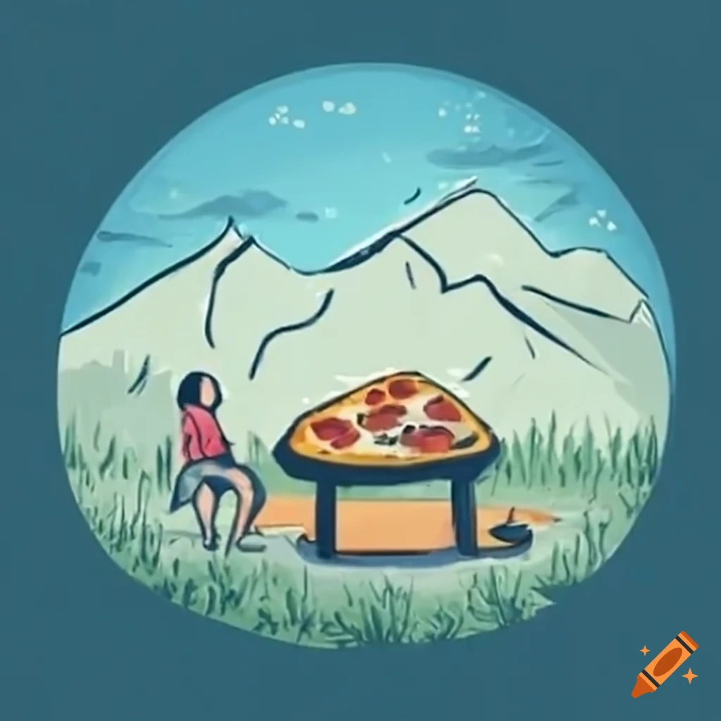 Group of people enjoying wood fired pizza in a meadow with mountains in the background