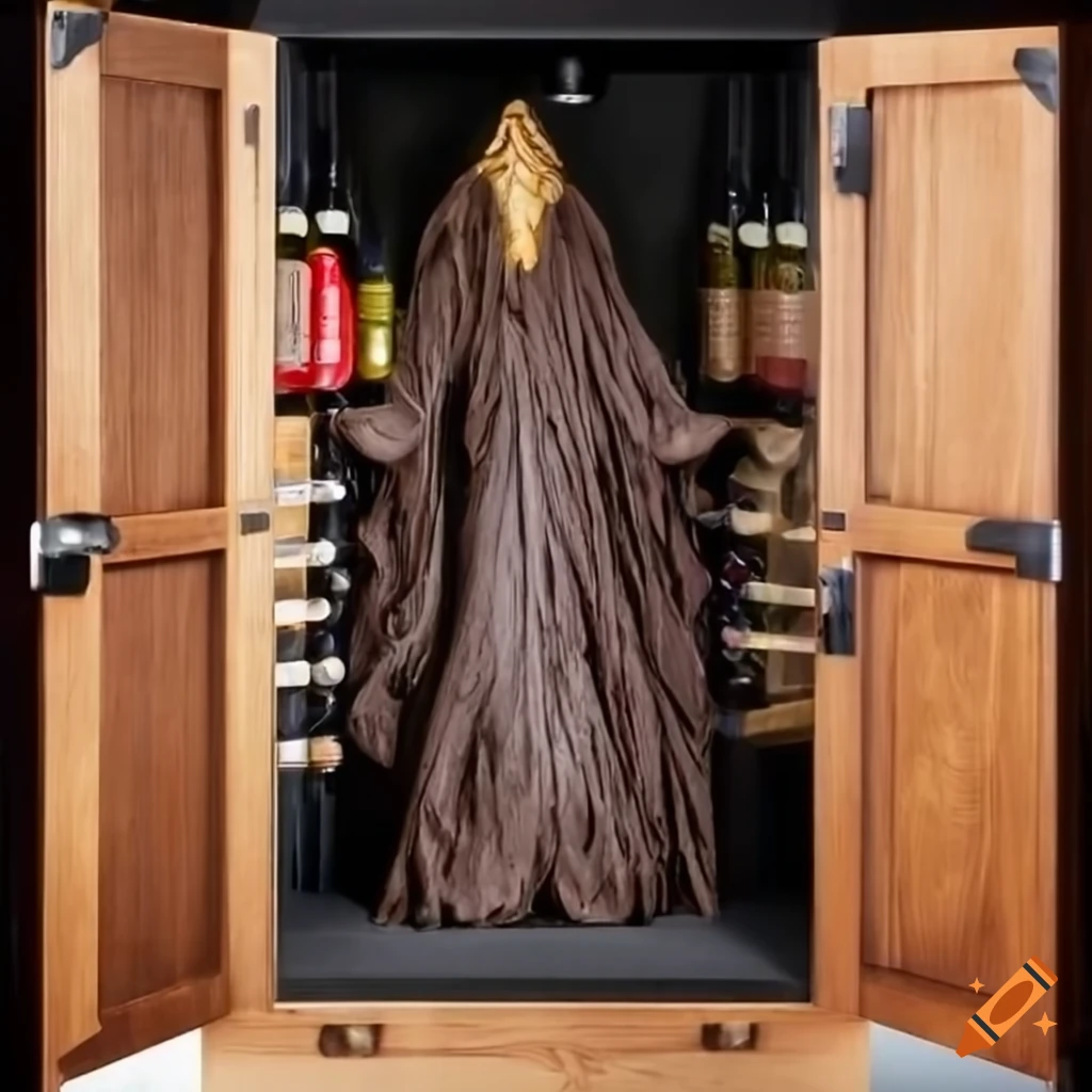 Malevolent spirit next to a wooden wine cabinet
