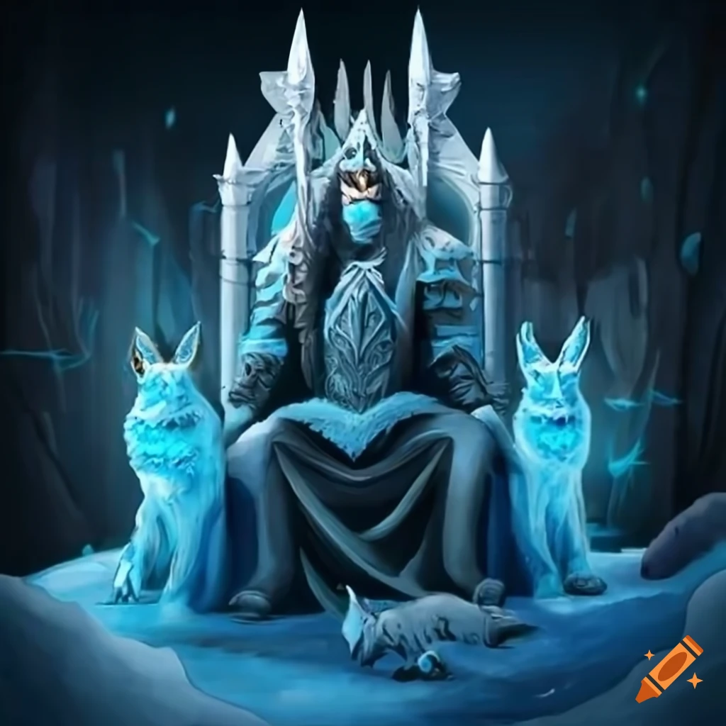 Ice king on throne with two wolves