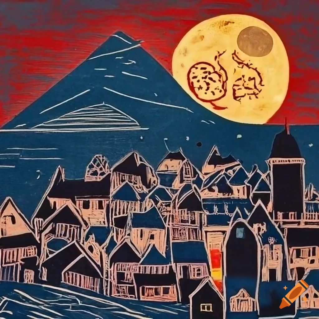 Lino cut moon over a village on Craiyon
