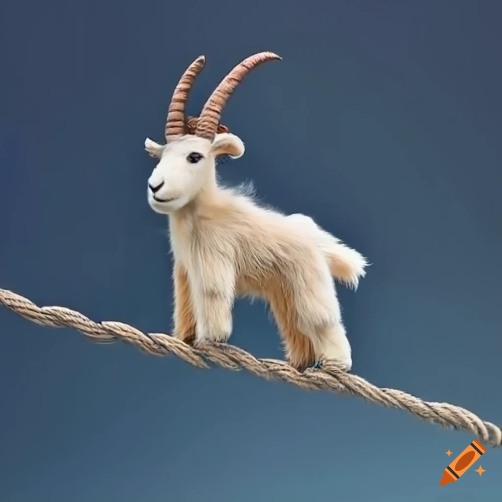 Plush mountain goat balancing on a high rope