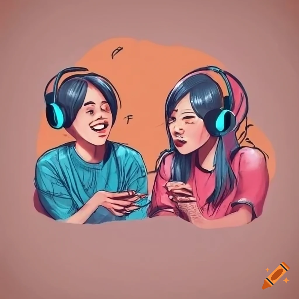 Two podcasters with microphone and headphones having fun in a cozy setting