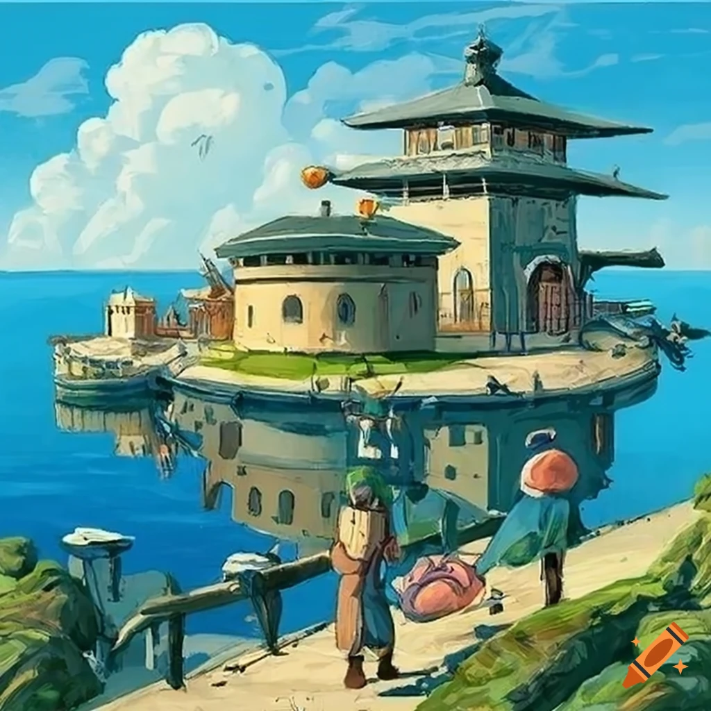19th century coastal city in ghibli style