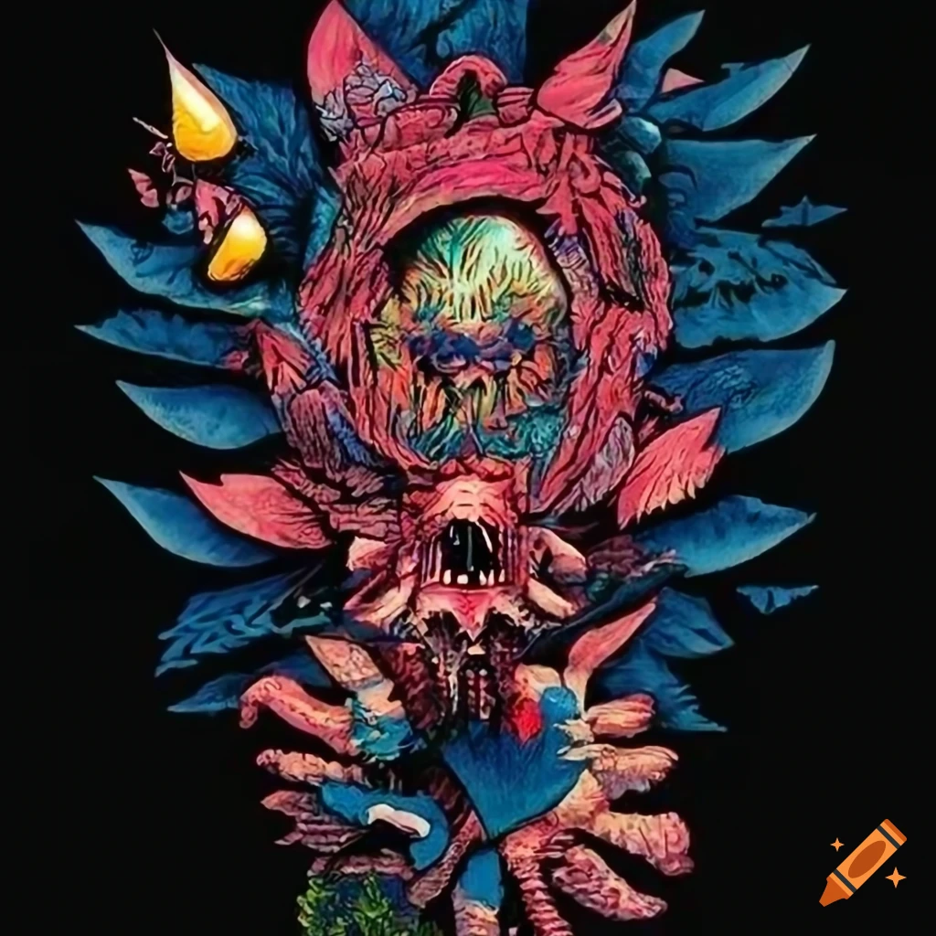 Vivacious Alpine Poster in 'cuckoo clock' style with graphic novel by stave carving depicting good versus evil