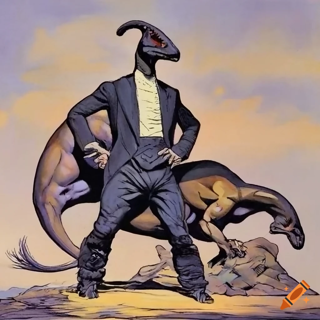 Parasaurolophus in a black suit by frank frazetta on Craiyon