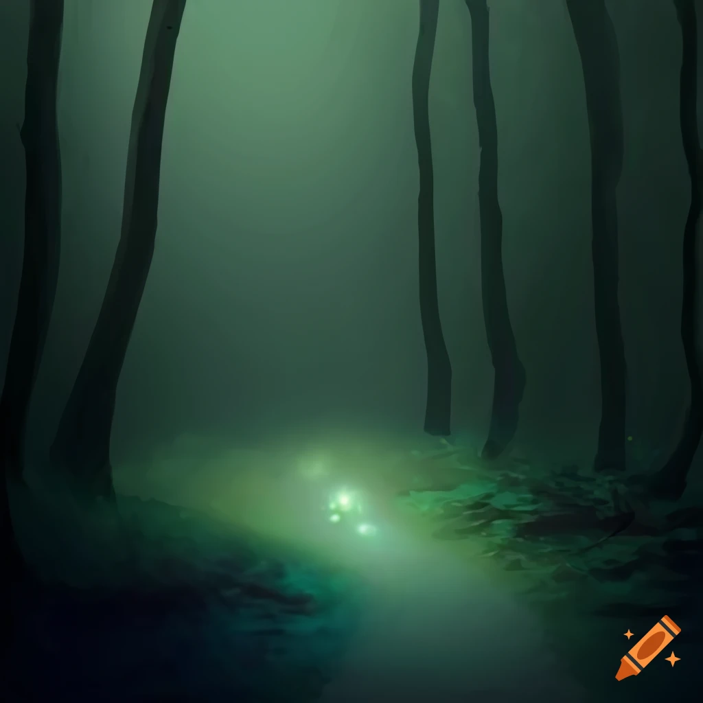 Path lit by fireflies in a dark forest leading to a distant glow on Craiyon