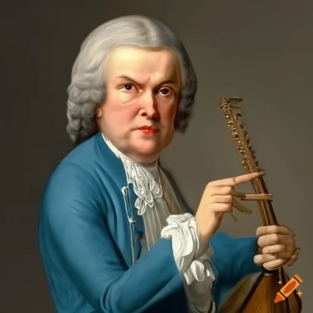 J.S. Bach playing multiple instruments in a blue 18th century suit