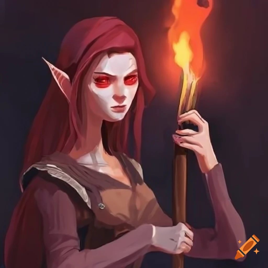 Studio Ghibli style half-elf sorcerer with red eyes