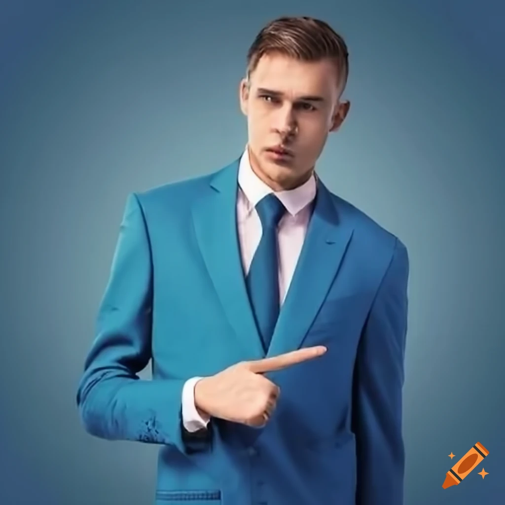 Man in blue suit pointing on Craiyon