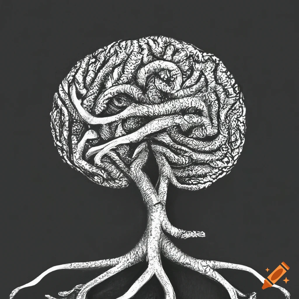 Psychedelic charcoal drawing of brain connected to tree roots on Craiyon
