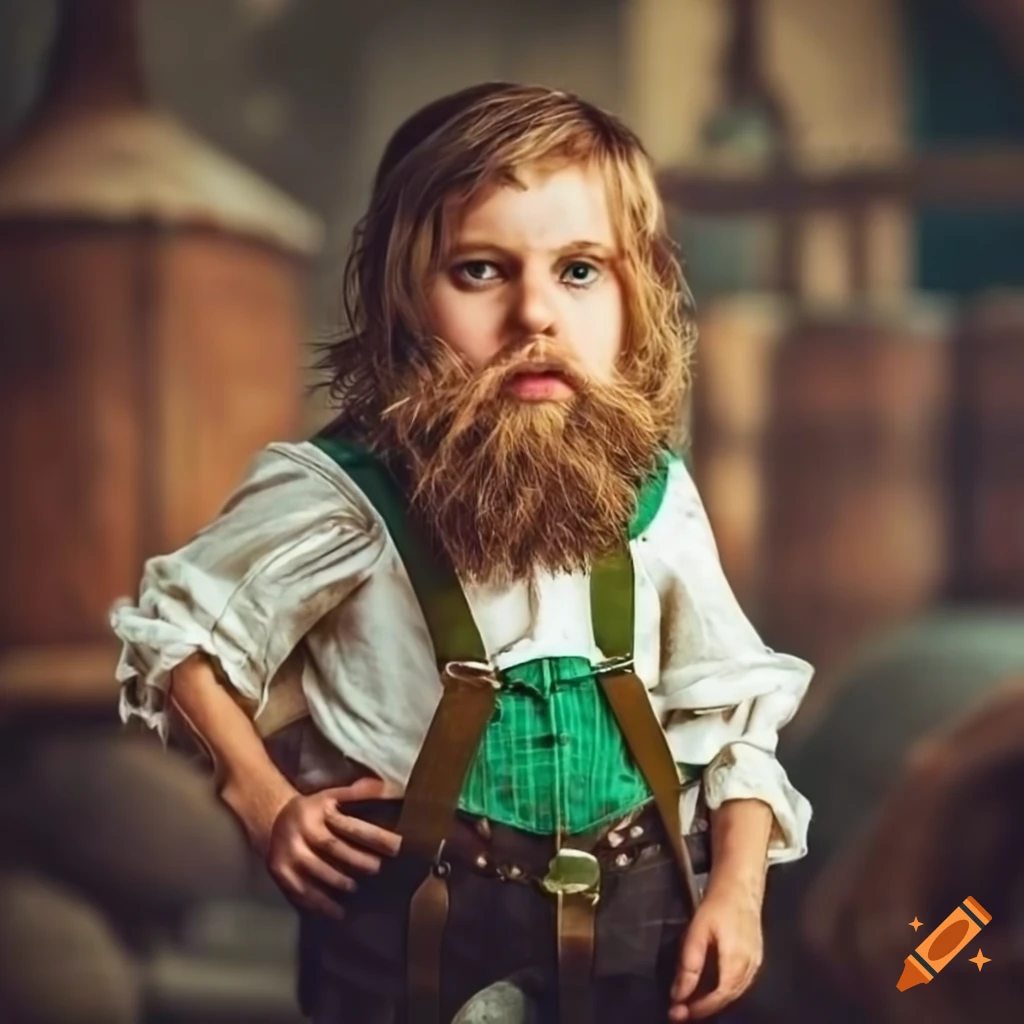 Young gnome with a long beard in a medieval brewery