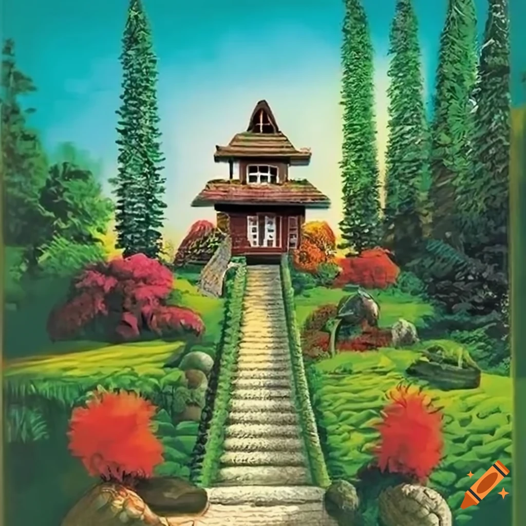 Steezy Zen garden Architecture Poster in graphic novel style by Norman Rockwell