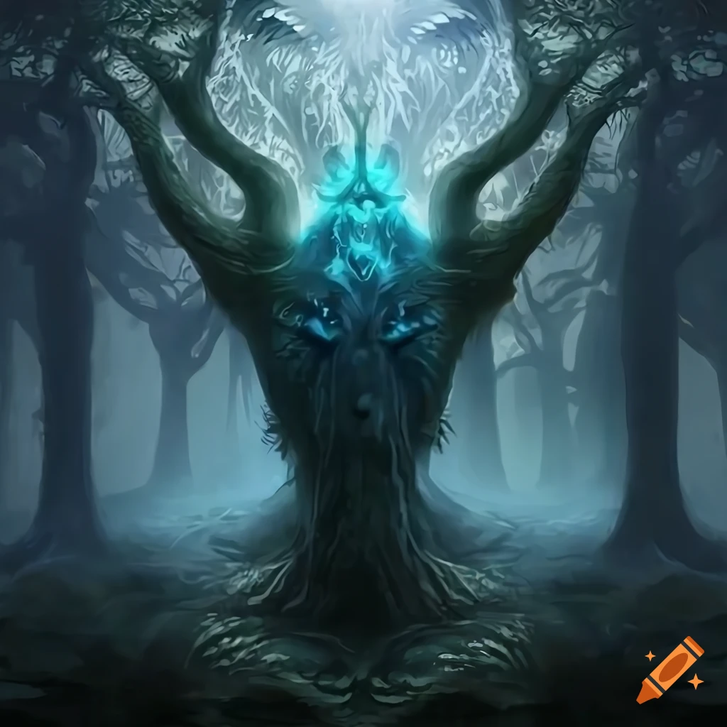 Tree-spirit fantasy design with sharp contrasts on Craiyon