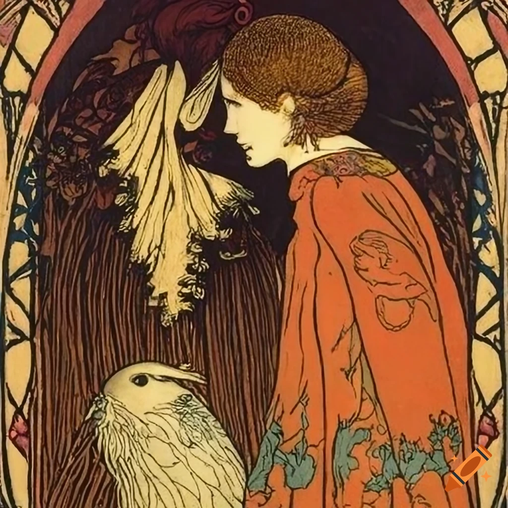 Jugendstil illustration of a sorcerer with a raven head and beak