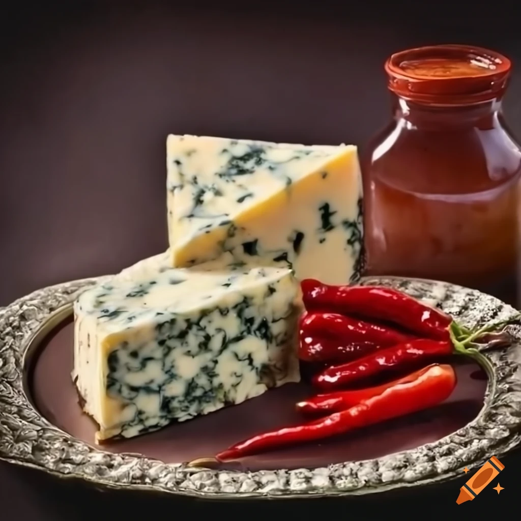 Platter of Roquefort blue cheese with chili jam and pepper
