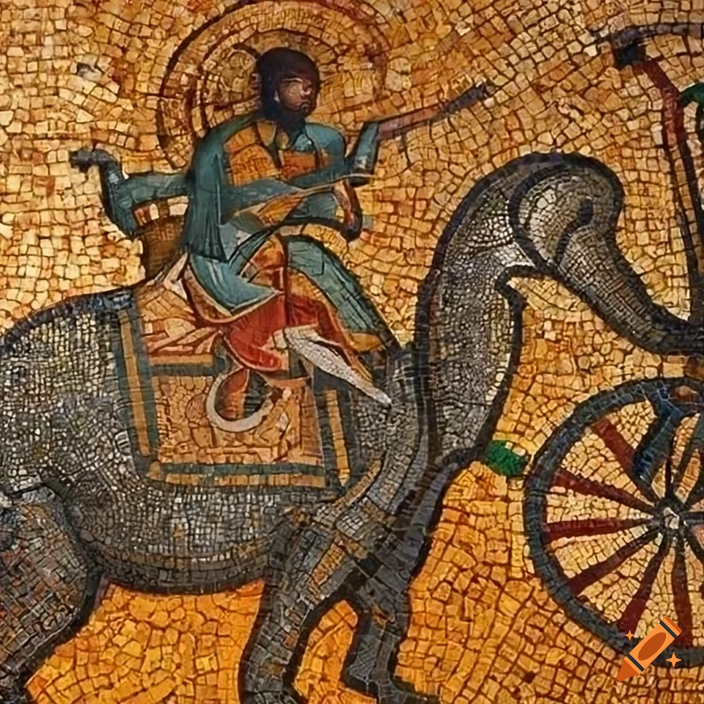 Byzantine mosaic of a detailed elephant riding a bike by Peter Bruegel