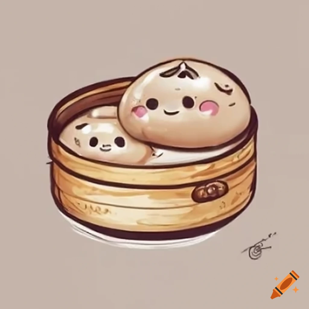 Two kawaii style steamed buns in a bamboo steamer